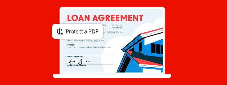 Image of a loan agreement document on a red background, showcasing the "Protect a PDF" Acrobat feature icon overlay.