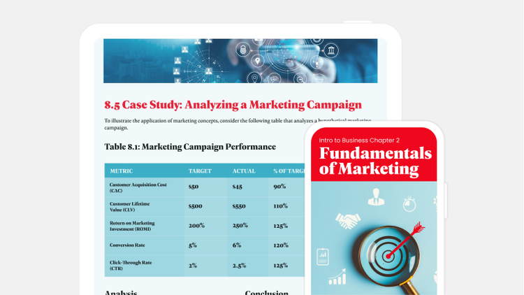 Fundamentals of Marketing PDF displayed on a tablet and mobile screen, showcasing different pages and sections on each device.