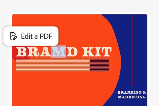 Image of a brand kit with bold colors, featuring the text ‘Brand Kit’ and ‘Branding & Marketing.’ ‘Edit a PDF’ Acrobat feature icon shown.