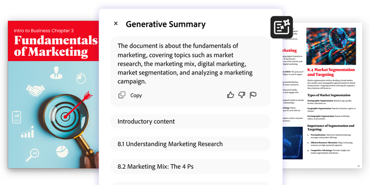 A graphic showing the Generative Summary tool in action helping students understand coursework, complex concepts, and themes within their uploaded documents.