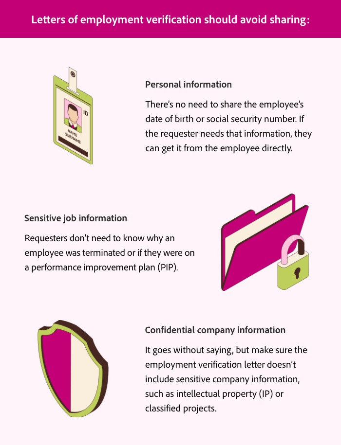 An image graphic that states what letters of employment verification should avoid sharing: personal information, sensitive job information, and confidential company information.