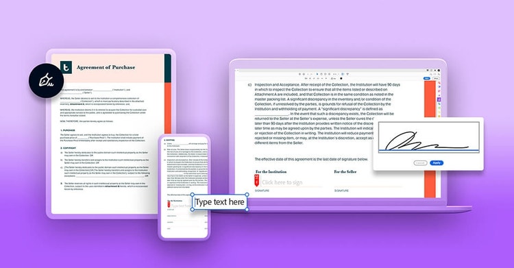 A purchase agreement on a tablet, mobile phone, and laptop using Adobe Sign, all against a purple background.