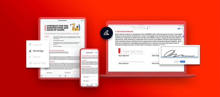 Adobe sign used to sign promisorry notes on a tablet, mobile phone, and laptop, against a red background.