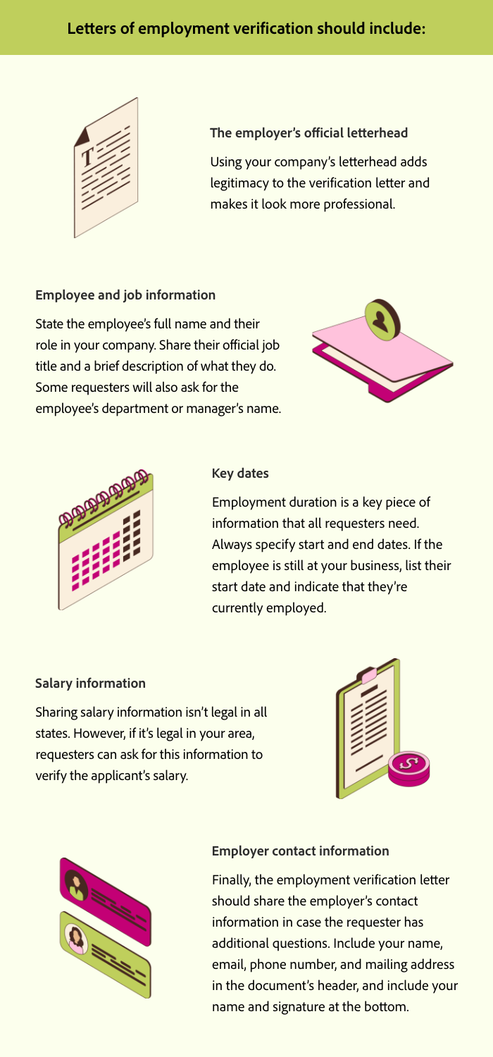 An image graphic that states what employment verification letters should include: the employer's official letter head, employee and job information, key dates, salary information, and employer contact information.