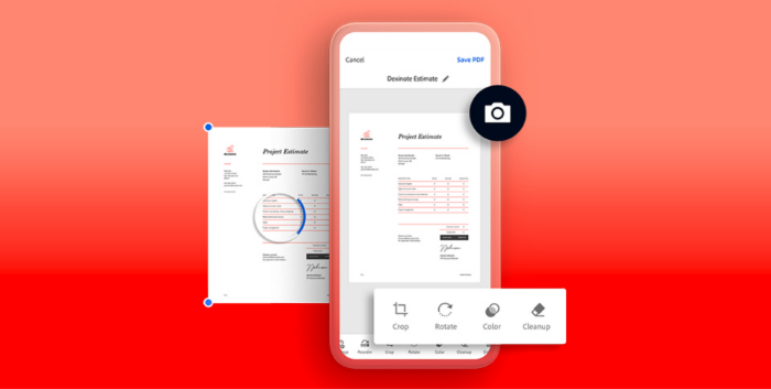 A graphic of editing a document scanned with a mobile phone against a gradient red background.