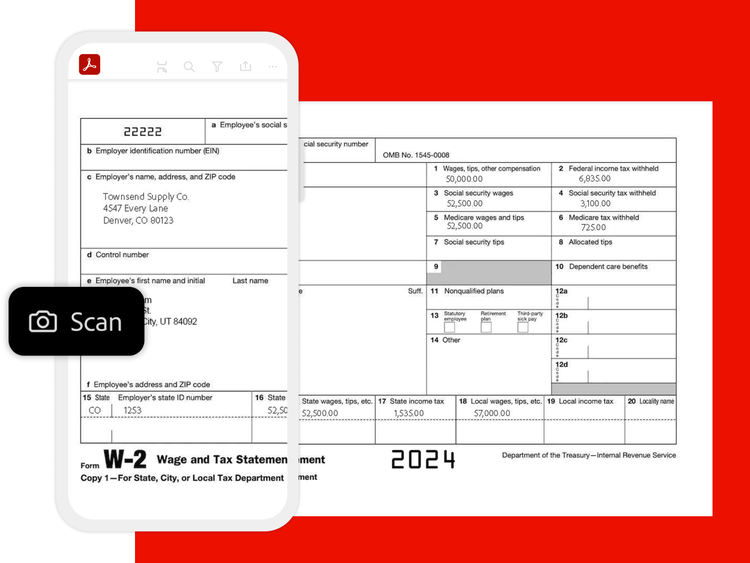 A mobile phone scanning a W2 document.