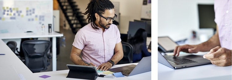 A man wearing glasses working on a promisorry note on his laptop.