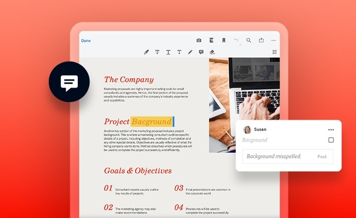 Mock-up of a tablet being used with Acrobat online to edit a PDF with Comment icon overlaid