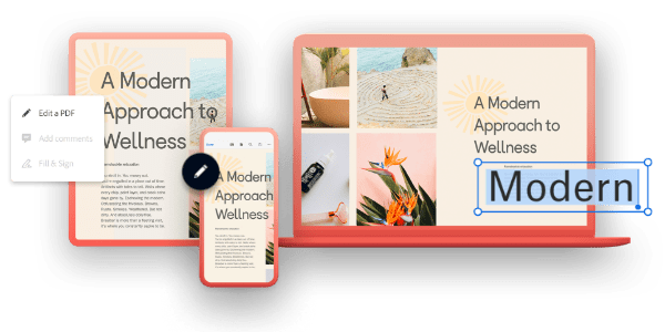 A PDF document on a tablet, mobile, and desktop advice, with pop ups showing the option to edit a PDF