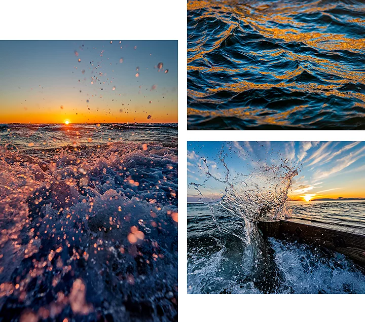 A collage of multiple photos of water splashing and rippling