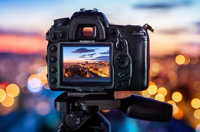 Macro shot of focused cityscape at dusk in an optical viewfinder