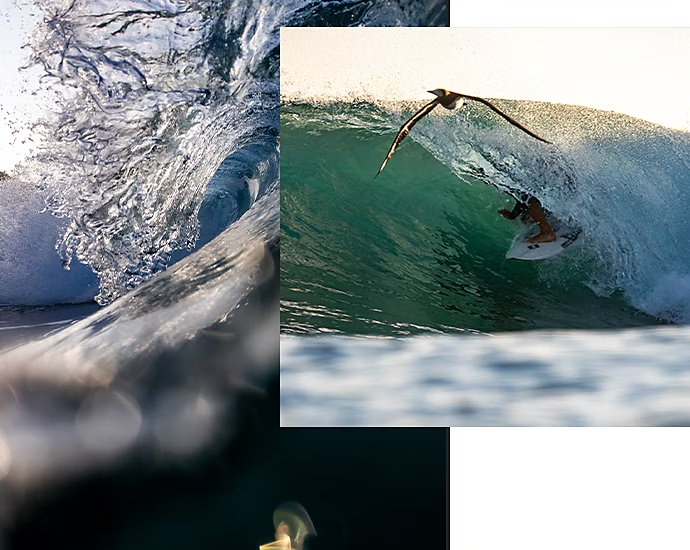 A photo of a surfboarder surfing through a wave superimposed over a photo of an ocean wave