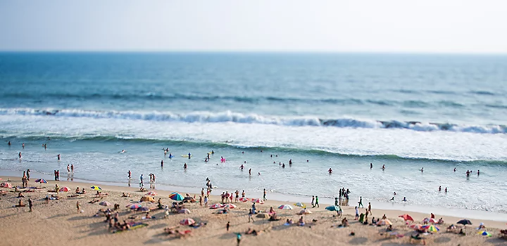 Aerial photo of a bunch of people at the beach