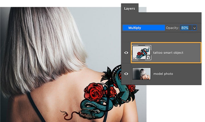 Add photoshop tattoo art image as new layer to model image and set blending modes to multiply