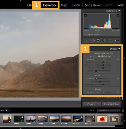 Selecting the Dehaze tool in Adobe Lightroom