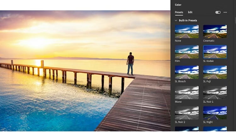 colour panel with built-in presets is displayed with an image of a man standing on a long pier