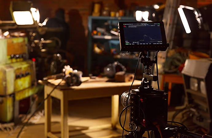 A video camera on a tripod and a three-point lighting set-up for a production set