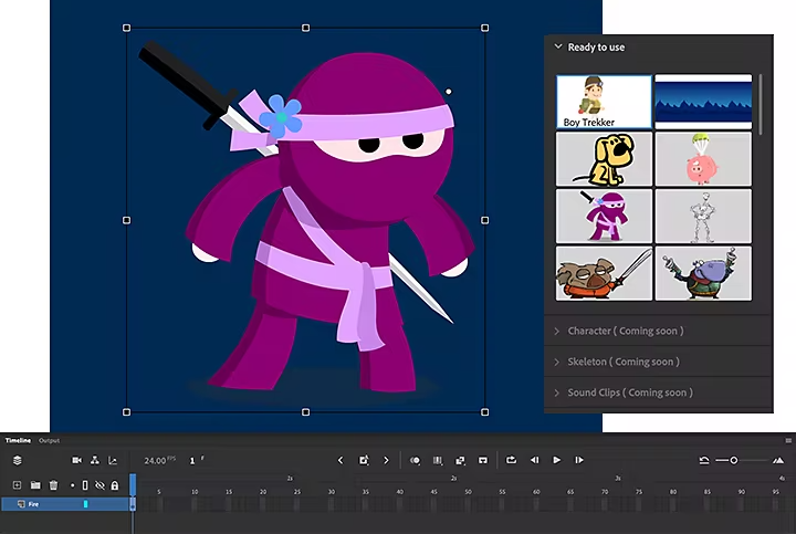 A ninja character being animated in Adobe Animate