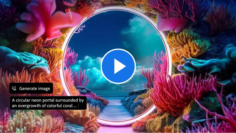 https://main--cc--adobecom.hlx.page/cc-shared/fragments/discovery-hub/photoshop#photoshop | AI-generated image of a circular neon portal surrounded by an overgrowth of colorful coral | :play: