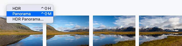 A panorama of a lake with mountains behind it split across four separate photos with the Adobe Lightroom panorama menu superimposed over it