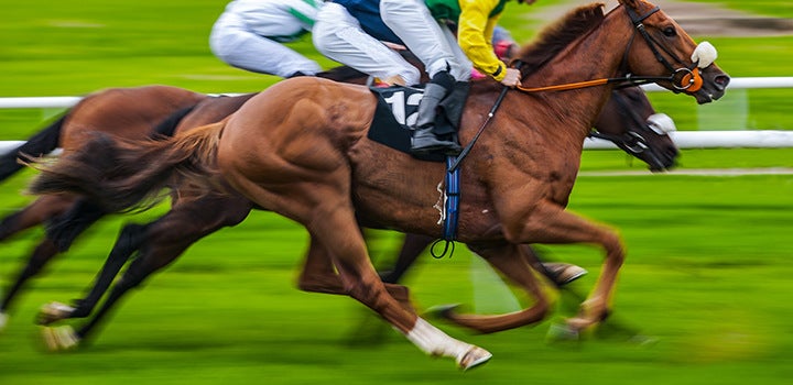 Motion blurred image of horse race with horses and jockeys racing.