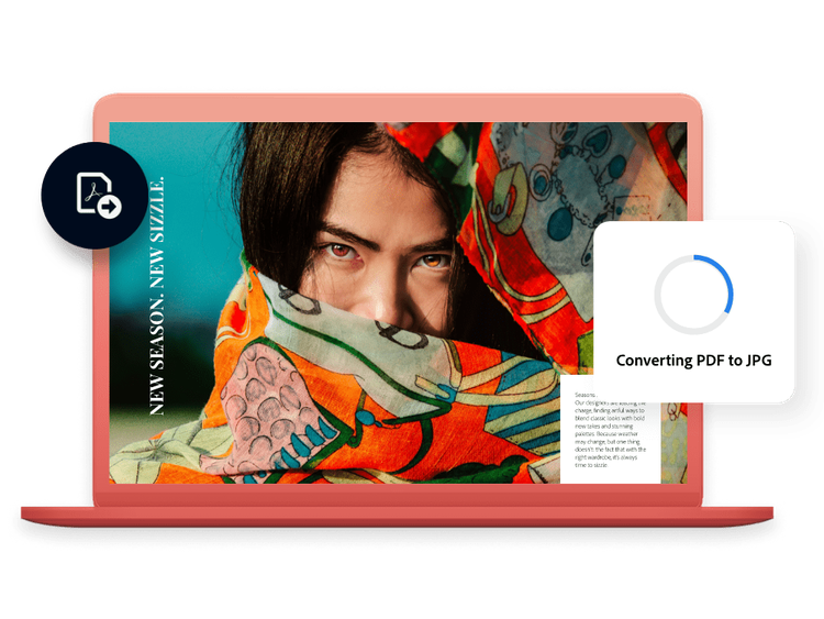 Farbenfrohes PDF-Dokument auf einem Desktop-Computer; Ladesymbol mit dem Hinweis, dass die PDF-Datei in JPEG konvertiert wird.