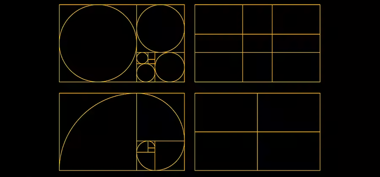 Vier nebeneinander liegende Diagramme, die den goldenen Schnitt darstellen