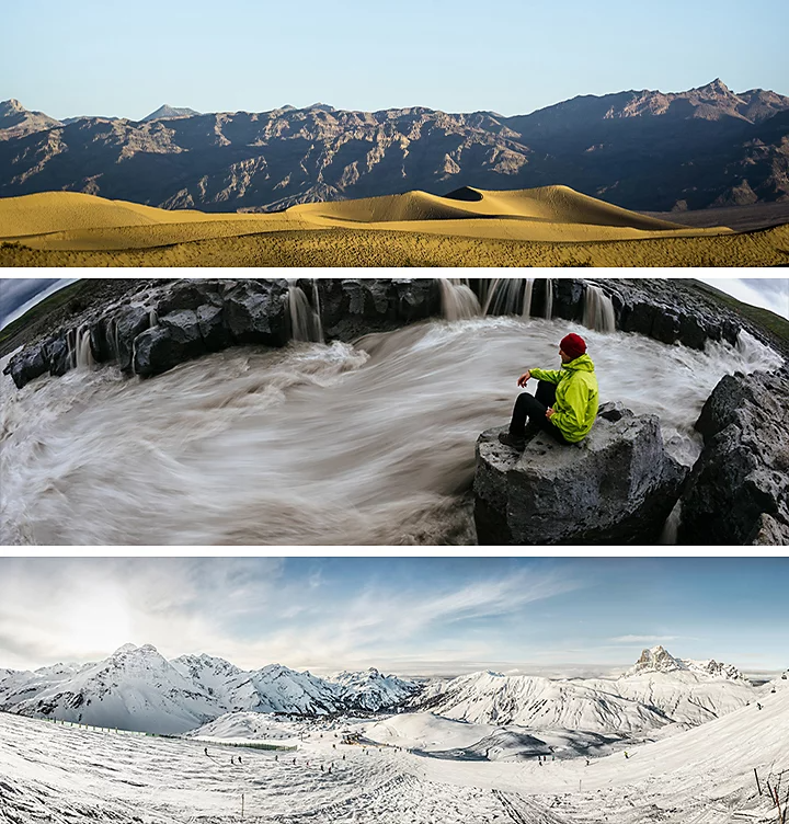 Three wide-angle photos stacked on top of each other, the top photo being a desert dunes in front of a mountain range, the middle photo being a person sitting next to a small rushing river, and the bottom photo being a snowy mountain with a downhill view.