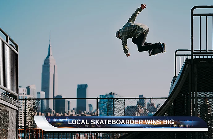 Bauchbinde einer lokalen Nachrichtensendung über dem Foto eines Skateboarders in der Luft