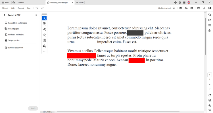 Screenshot showing redaction menu and redacted text in a PDF document open in Adobe Acrobat Pro.