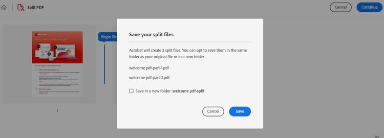 Screenshot of a dialog box outlining the changes to be made using the Adobe Acrobat Split PDF tool