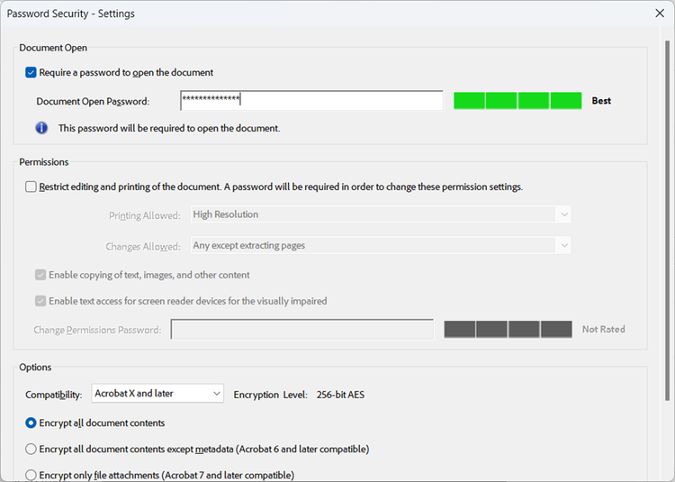 Screenshot of password security settings in Adobe Acrobat Pro.