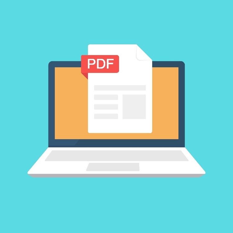 Graphic showing a PDF doc hovering in front of a laptop.
