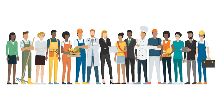 llustration of a series of people wearing clothing depicting different professions such as business, garden, trades, gardening, construction, medical, hospitality, sports.