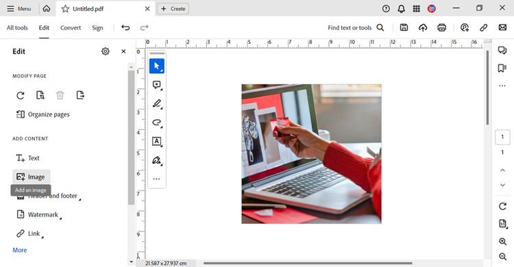 Screenshot of Adobe Acrobat Pro menu option to add an image. The image displayed in the document has been created using Adobe Firefly AI.