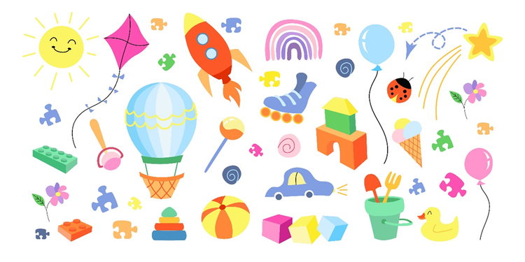 Illustration of various activities that kids enjoy such as roller skating, jigsaws, road trips, beach balls, building blocks, and kite flying.