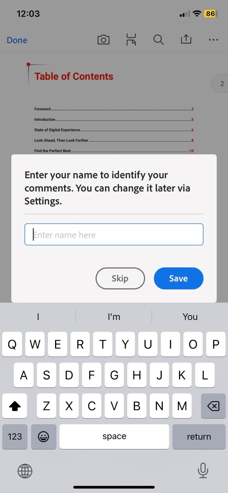 Entering name for comments in Adobe Acrobat app on iPhone