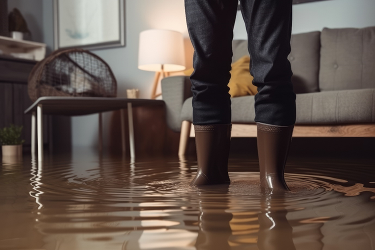 Legs of a person wearing gumboots standing in a flooded living room.