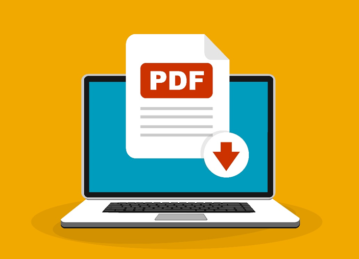 A graphic showing a 3D PDF document hovering in front of a laptop.