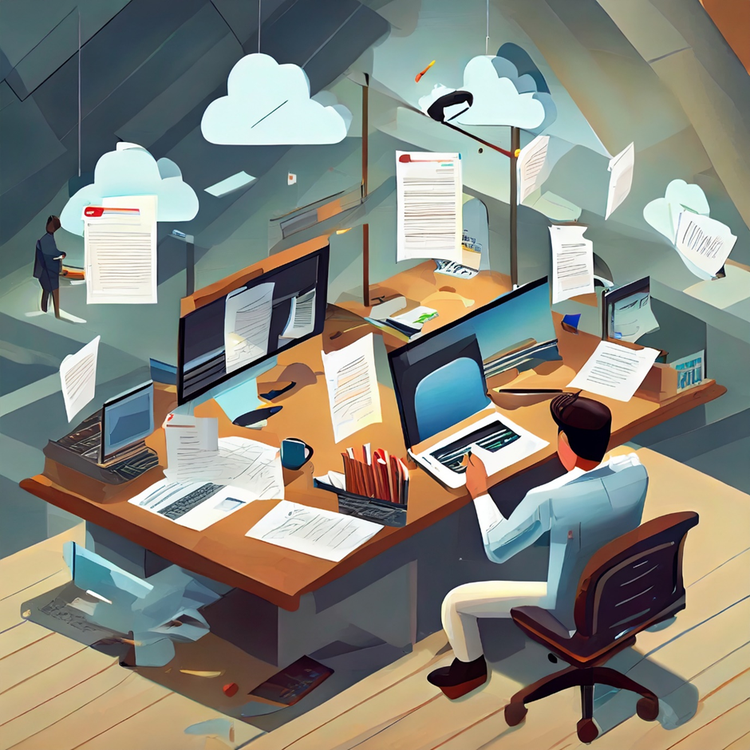 Image generated by Adobe Firefly depicting people working in different locations and working on documents in cloud storage.