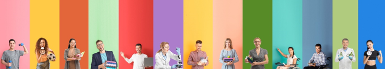 Photo of a series of people in different occupations against different coloured backgrounds.