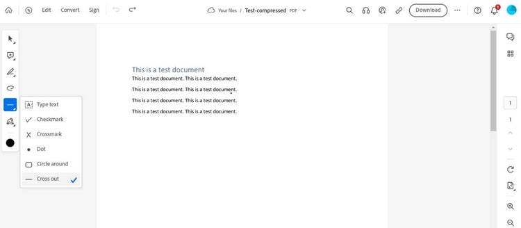 Screenshot of cross out tool in Adobe Acrobat Online