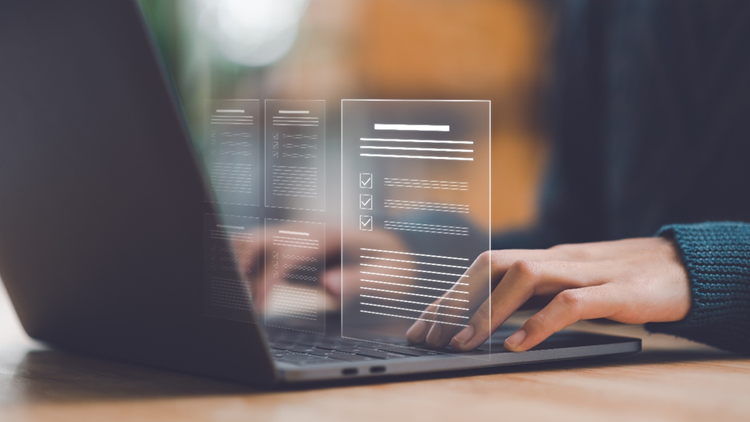 Side view of a person's hands on a laptop, overlaid with a conceptual diagram of different document pages.