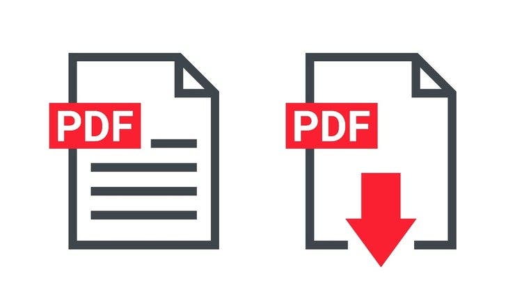 Two PDF file icons. One icon shows PDF with lined text on page. One icon shows PDF with download arrow.