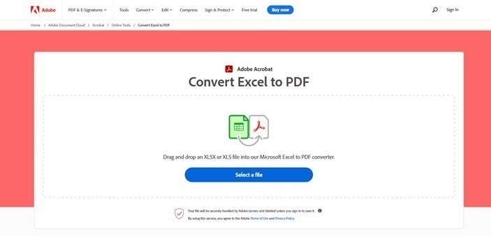 Screenshot of the Convert Excel to PDF page on Adobe Acrobat Online.