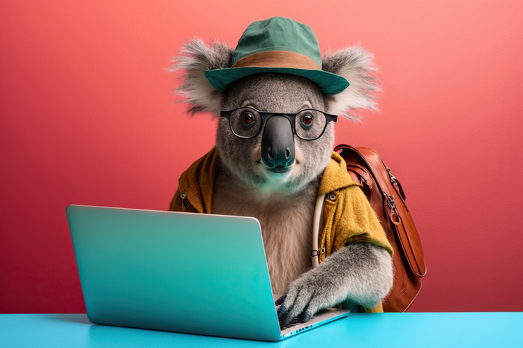 Photo of a koala wearing a hat, glasses and a backpack, sitting at a laptop.