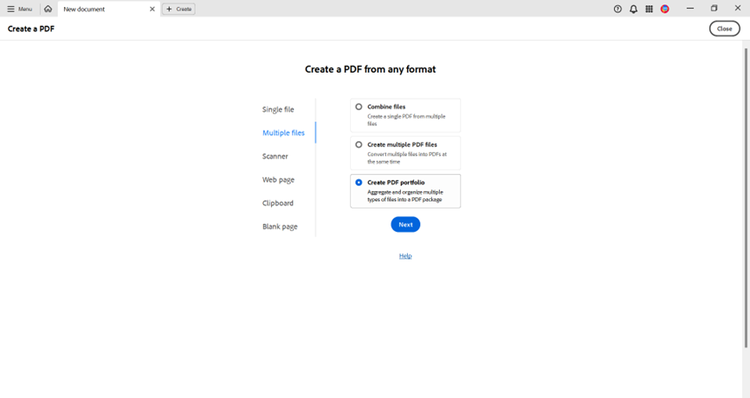 Screenshot from Adobe Acrobat Pro showing the options for creating a PDF by combining files, creating multiple PDF files, and creating a PDF portfolio.