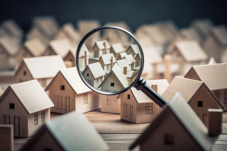 Several small scale wooden model homes on a table with a magnifying glass.