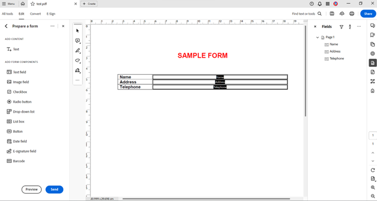 Screenshot from Adobe Acrobat Pro showing the options to prepare a form.