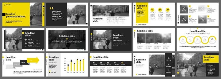 Examples of presentation pages showing use of images and vector infographics, and consistent use of yellow/black/grey colors and font selection throughout.